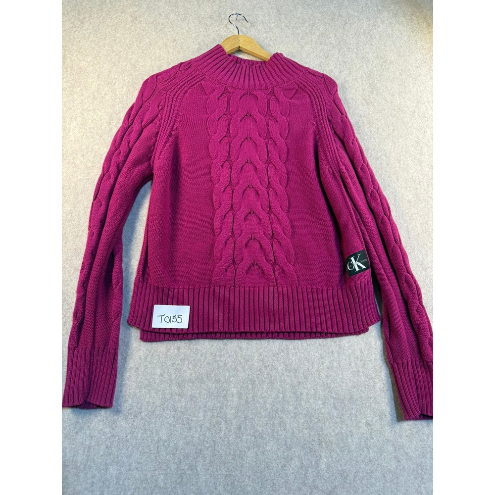 Calvin Klein Jeans Womens Magenta Pink Cable Knit Mock Neck Sweater cK Logo